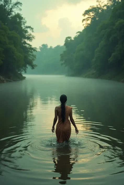 A mystical riverside scene from 5,000 years ago during a gentle rainstorm. The landscape features a lush, green forest lining a wide river, with soft ripples spreading across the waters surface from raindrops. A Bangladeshi woman is gracefully submerged in...