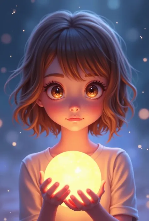 A character design of a young and cute girl with an aura of maturity, gazing directly forward. Her eyes glow mysteriously, captivating with their otherworldly charm. The image focuses on her head and upper body, excluding the lower half. She holds a glowin...