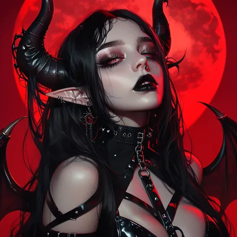 ((Masterpiece)) , ((highres)), ((full red moon background)), a beautifully female,  ((long black hair)), demon horns, demon tail, defined lips, black lipstick, defined eyes, defined red iris, long eyelashes, dark eyeshadow, defined nose, elf ears with ear ...