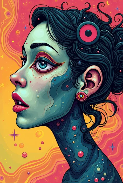 Deformed female profile illustration, abstract, bright colors, psychedelic, well lit, best image quality.