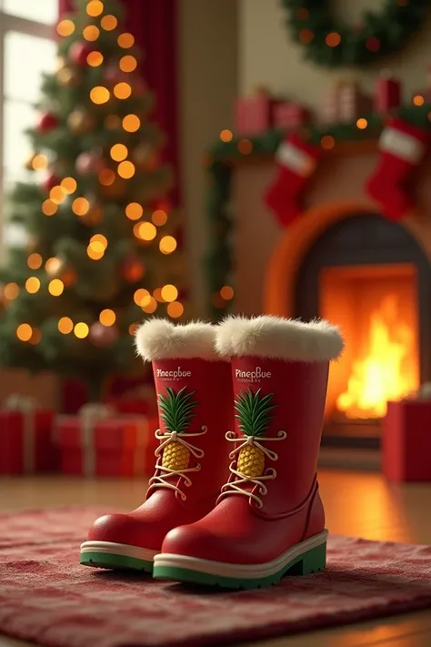 Christmas tree with fireplace and Christmas boots that say pineapple family and Christmas lights 