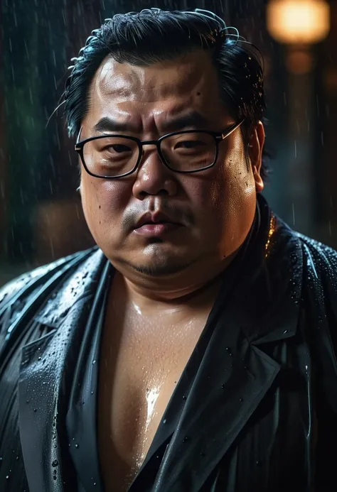 Fat, Chubby man in a black coat, Shirtless , take off Shirt, Asian 50 year old, eye glasses, Wet, Raining, moody lighting, dramatic shadows, cinematic composition, intense gaze, mysterious expression, unsettling ambiance, atmospheric, detailed facial featu...