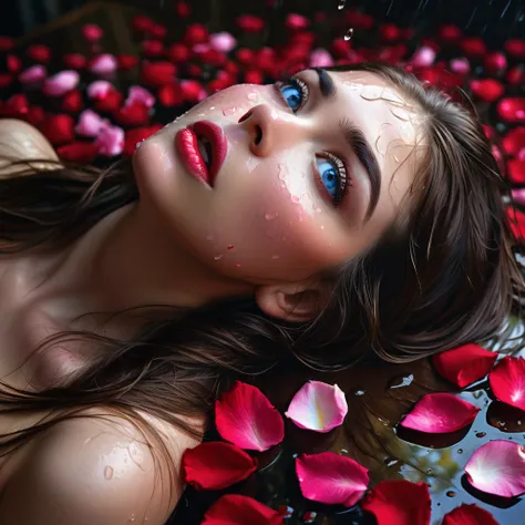 (((raining rose petals))), 1girl, beautiful detailed eyes,beautiful detailed lips,extremely detailed eyes and face,long eyelashes, brunette, blue eyes, long hair, open mouth, looking up, cleavage, oil painting, intricate details, dramatic lighting, cinemat...