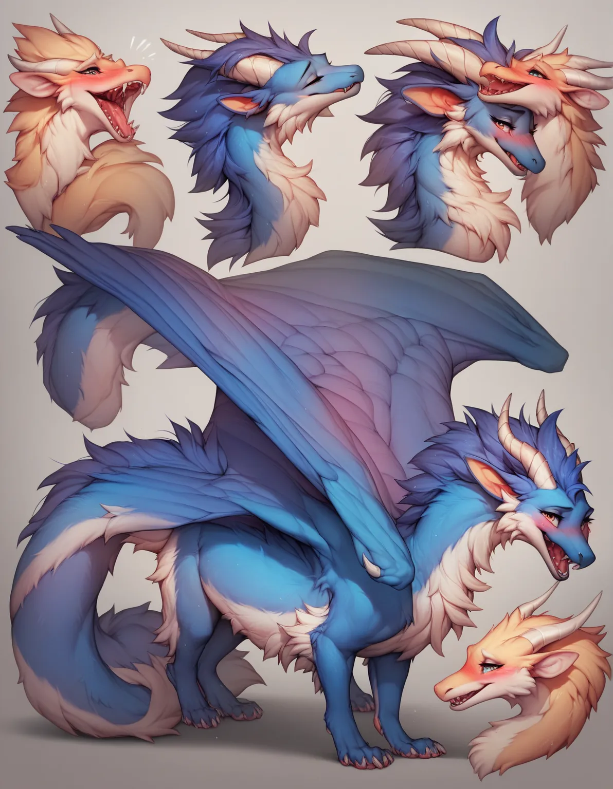 furry art, feral, furred dragon, female, full body, white and blue fur, thicc, wings, horns, tail, chest fluff, paws, fangs,  to...