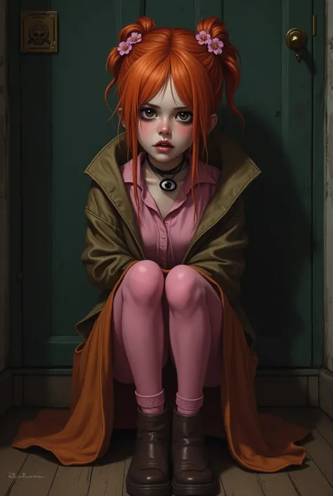 A woman with her orange hair tied up .  A flower next door being pink that is in her hair
He has a surprised and distressed look With dark circles
A black eye-shaped necklace
Black eyes too 
Are you wearing clothes
A pink shirt
Brown jacket
Orange skirt
Pi...