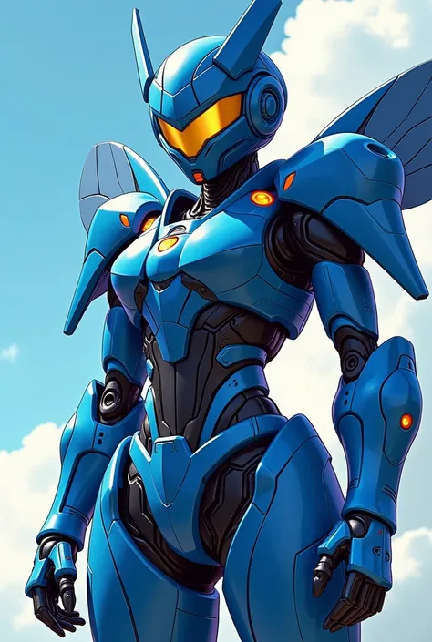  in blue armor or exoskeleton, with neo yellow ,  with a light samurai ,  armor within the graphic aesthetics of the female cybernetic android character ,  based on the blue beetle- comic ,  bumblebee by Tranformers and Wethermon the Tombguard - Shangri-La...