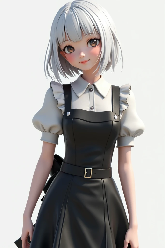 Alice in Wonderland, Model figure style , maid clothes black color, clothes maid black color, sweet girl, exquisite eyes, Inverted Bob white hair , white hair, delicate smile, show body , simple white background