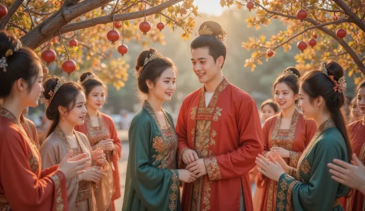 Tang Dynasty，The girl is wearing green， the boy wears a red Hanfu，Golden autumn October， and bear fruit ，Pomegranate tree，At the wedding， blessings from family and friends ，The two exchange vows ， Happy Smile 。