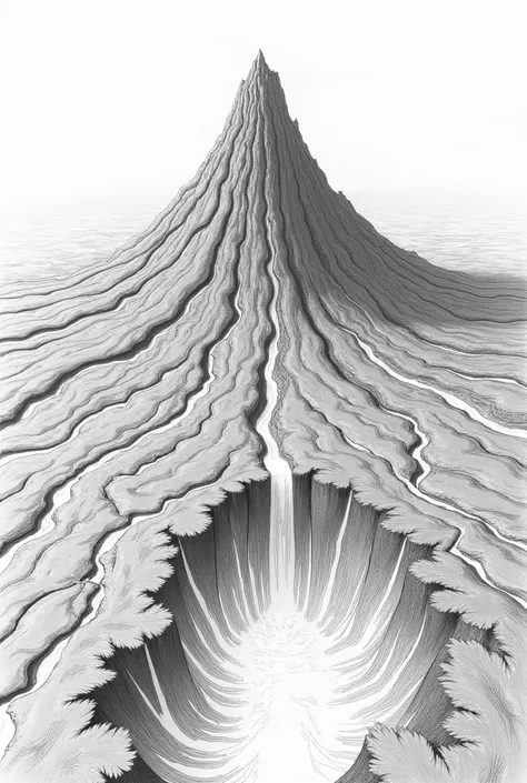 Volcano,after eruption, multiple lava streams, pencil drawing, outlines,far away , aerial view,no colors 
