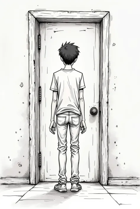 A neutral line drawing with a cute picture ,  Dark atmosphere on some sides , Back view of a tall middle school man holding a doorknob and entering his room in an old family house