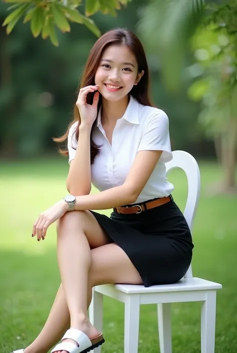 A young Thai woman,Cute pinkish white skin, sexy big breasts sits on a white chair in a lush green garden. She wears a white, short-sleeved collared shirt and a black skirt, paired with white Birkenstock-style sandals. A brown belt accentuates her waist. H...