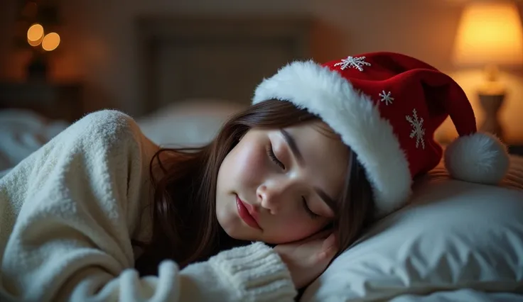 One Women sleep wearing a Christmas hat