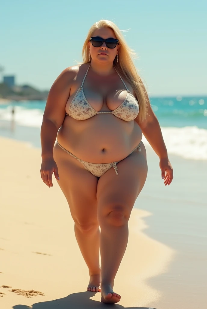 Fat woman, 40 years old white Caucasian woman, walking on the beach, long straight blonde hair, serious, chubby, casual, cleavage, sunglasses, tiny bikini, nipples
