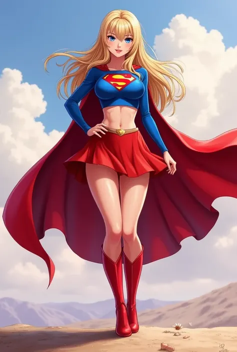 masterpiece, best quality, very aesthetic, short red skirt, big breasts, blue long-sleeved crop top, tall, beautiful woman, red boots, red cape, supergirl costume, panties, anime loose hair with bangs, blue eyes of the best quality.