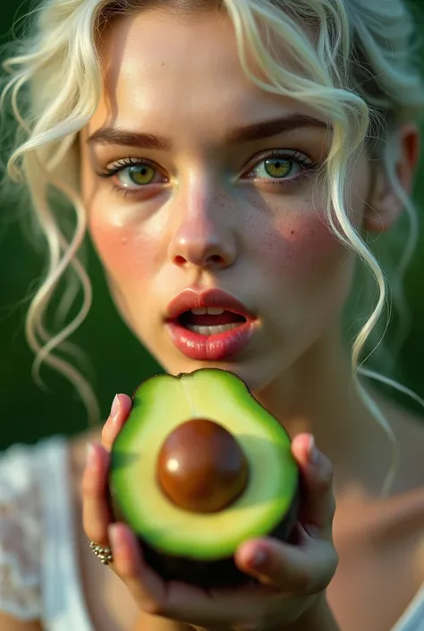 Seed 1301657781. Masterpiece in the style of young Lily-Rose Melody Depp. Shot: Portrait. Scene: Young woman posing with an avocado. Mouth open. Image: Realistic HD 4K, ultra definition, 99.9% of the image. Image: Close-up photo of the seeds face. Scene: W...