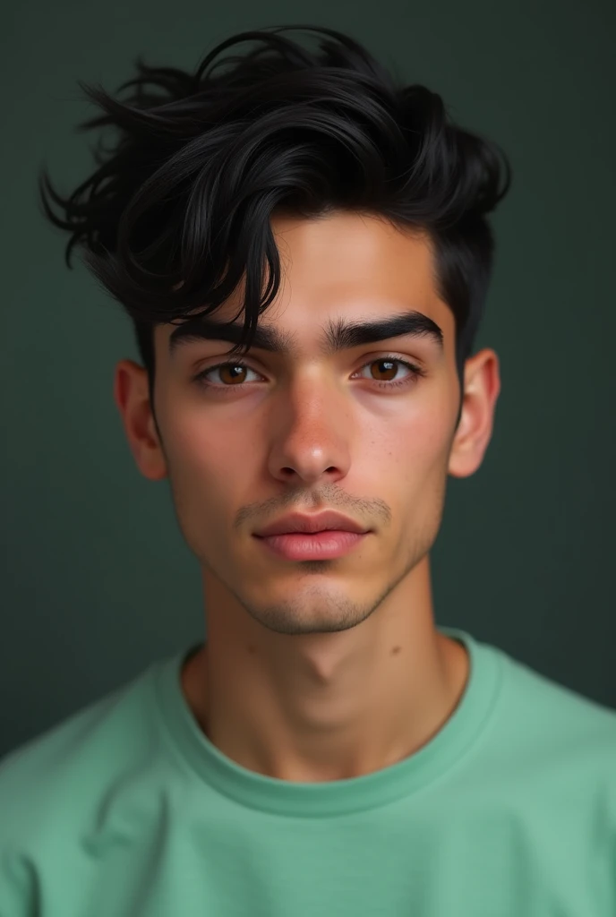 Create the image of a young American male, tez morena ,  black eyes with negative cantal inclination ,  black hair,  prominent cheekbones ,  with abrupt features , thin eyebrows,  slightly large cheeks , mint green t-shirt 