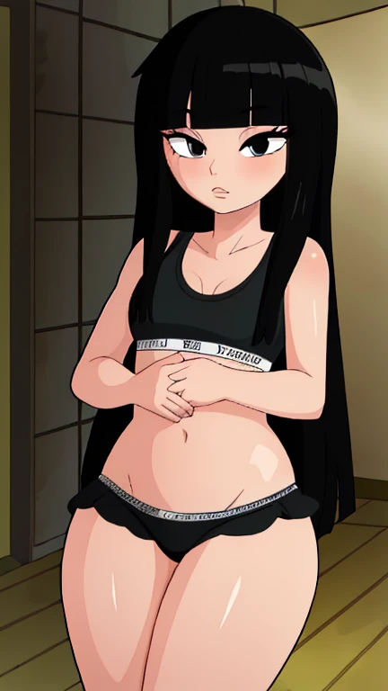 1 girl, solo, a cute girl with jet black hair, blunt bangs, and deep black eyes, , chibi, 12yo,  girl, teen, prepubescent, NSFW, in a dynamic sexy pose showing the upper body and whole body, shortstack, highly detailed, best quality, masterpiece, absurditi...