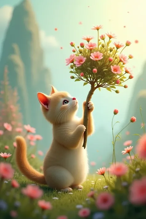 Cat holding a follower tree