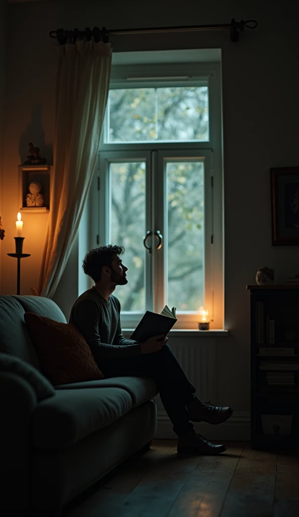 A person sitting in a cozy room, reading a book near a window with dim, warm lighting. Suddenly, they look up, startled, as if they felt someone watching them. The background includes details like a flickering candle, a small bookshelf, and a shadow cast b...