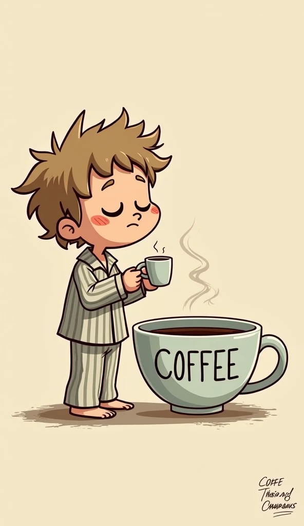  The image shows a cartoon character ,  written on it that looks sleepy .  x} He has disheveled light brown hair and closed eyes .  He is wearing striped pajamas and standing next to a huge cup of coffee ,  that is almost his height .  The cup has the word...