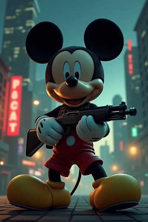 You can generate a Mickey mouse with a gun in the style of the GTA San Andreas intro 