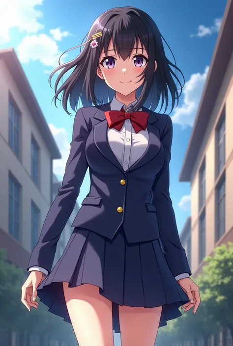 One girl, Tsubasa Hanekawa (Monogatari series), black hair, bob cut, hairpin, purple eyes, big breasts, super cute, beautiful like a goddess, glossy smile, Naoetsu High School uniform, courtesy, thighs,