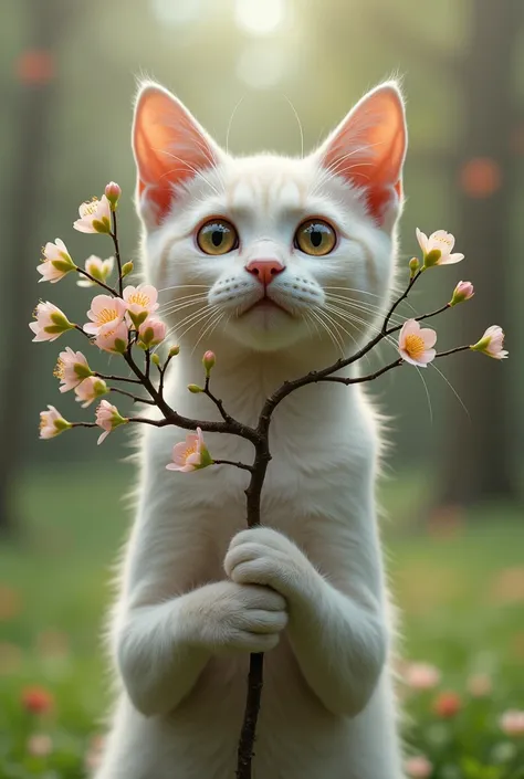 Cat holding a follower tree looking at the camera