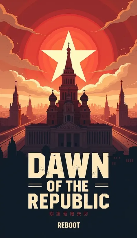 I want a logo with the name "Dawn of the Republic" and a Soviet city in the background. Place the inscription under the logo: REBOOT