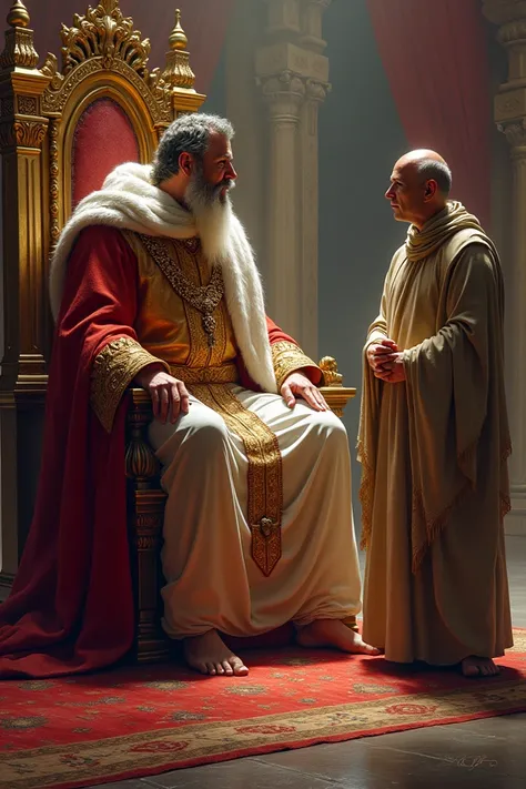 A majestic king seated on a grand throne, dressed in royal attire, with a concerned expression. A wise-looking saint in simple robes stands before him, delivering advice in a palace hall.
