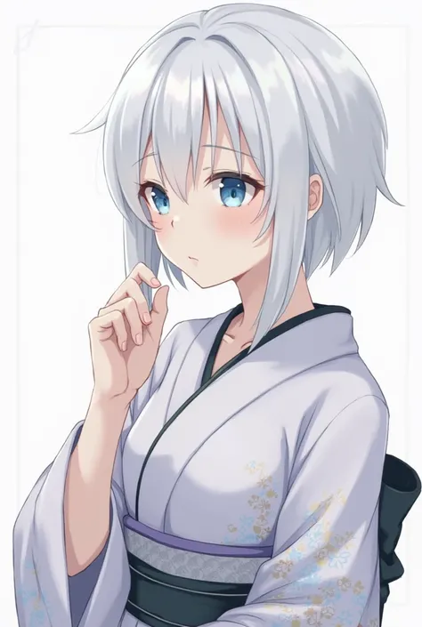 cmodel,  digital illustration, (masterpiece:1.2),  High Quality ,  detail eyes, White Hair,  short hair, kimono, sideways，Im writing characters，up， blue eyes，