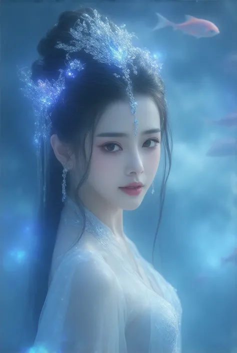 https://s.mj.run/0mWzB77bJKc A Chinese style mermaid wearing gorgeous bluepink neon jewelry on her head, surrounded by fish in the sea, with exquisite details, delicate facial features, delicate eyes, long flowing hair behind her, surrounded by white cloud...