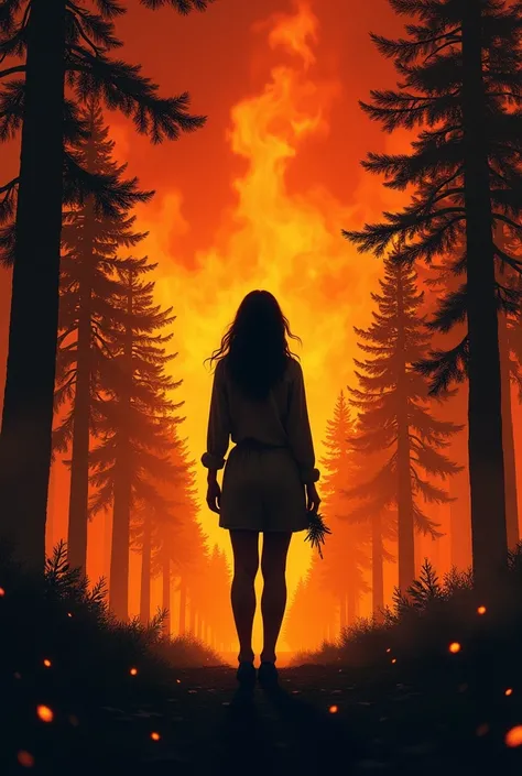 Draw a forest fire silhouette poster on its right and left sides ,  and in the center there is a silhouette of a woman facing back!