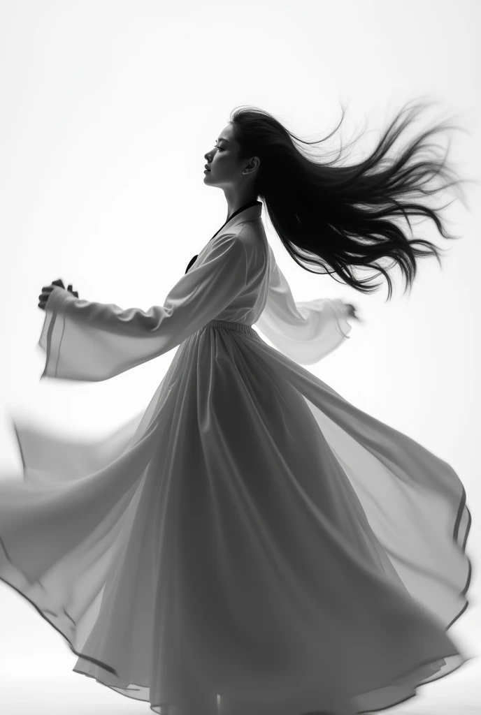 Motion blur, black and white close up, white background, a woman in an intricate and colorful hanbok dress, spinning frantically, translucent stinging air particles on the hem of the dress, professional fashion photography, super macro, unusually rich and ...