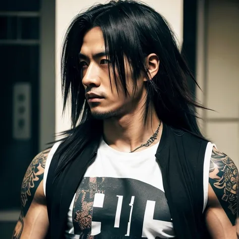 1 man, Japanese man, male, Asian eyes, muscular, broad shoulders, tattoos, hairstyle Visual Kei style, hair Visual Kei, black mens t shirt and black pants, ultra detailed face, hyperrealistic, realistic representation, long hair, long hair, 30 years old, a...