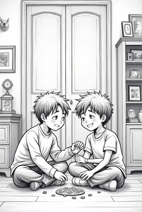 A neutral line drawing with a cute picture , Middle school brother and elementary school brother sitting and playing together in an old family room ,  Dark atmosphere on some sides , Middle school brother and elementary school brother sitting and playing t...