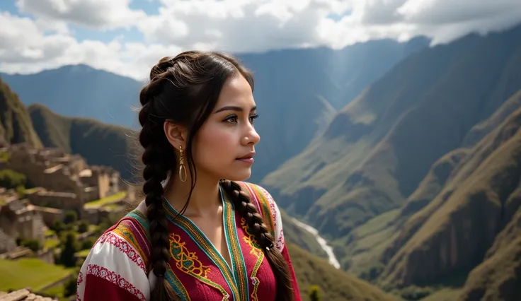  A beautiful Peruvian woman at the time of Machu Picchu ,  wearing traditional Inca clothing made of vibrant and colorful textiles adorned with intricate patterns . She has long, dark braided hair,  looking out to the mountains  , The Andes in Upper Peru ,...