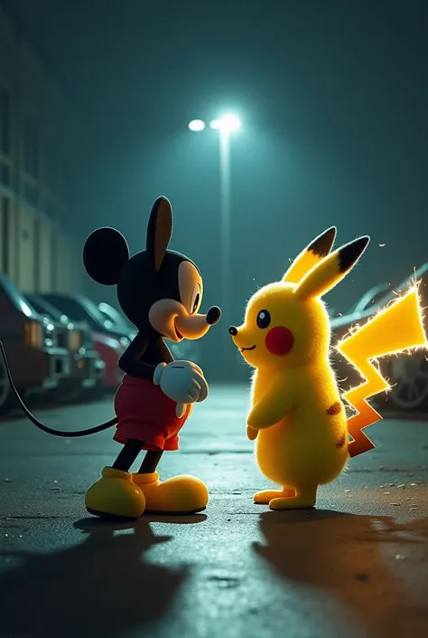 Mickey mouse battling Pikachu in a parking lot