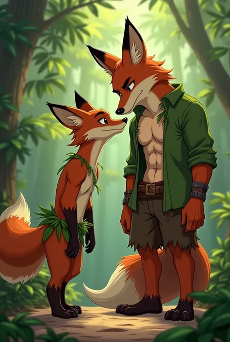 With 2d animation , A young male fox boy  , Antropomórfico , Osea on two legs   , the young fox boy is in loincloths made of leaves  , in the jungle ,   the young fox boy is smelling the chest of a male fox  ,  because the male fox has a green shirt which ...