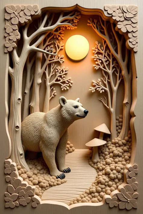 Light wood base relief, bear, a tree, a mushroom on a trail with the moon, high detail, high contrast deep