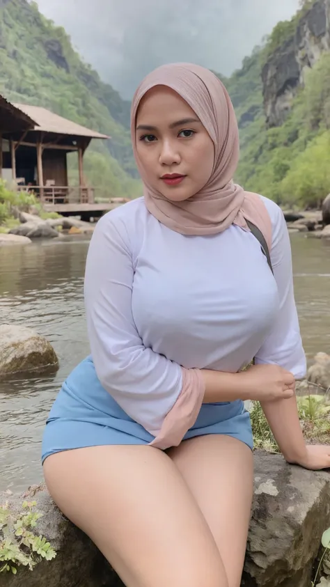 RAW, Best quality, high resolution, masterpiece: 1.3), A mature Indonesian married mommy wearing hijab poses seductively wearing revealing clothes showing small breasts, wearing a short skirt, showing vagina, in a bush, naked, porn, ((At the rock river jun...