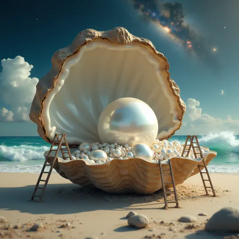 Closeup photograph of an open oyster revealing a beautiful pearl that is being sculpted by a small artist within the clam. (ladders and artist tools useful for sculpture), surreal aura of magic and inspiration, ((detailed beach sand and ocean waves)), (neb...