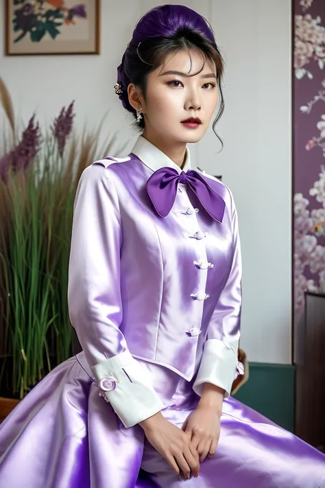 A Korean man in ladies vintage suit dress, big breast like a woman, slender female body, His hairstyle is short and manly, white purple, satin, long sleeves, short jacket, mermaid skirt, silk, sit quietly