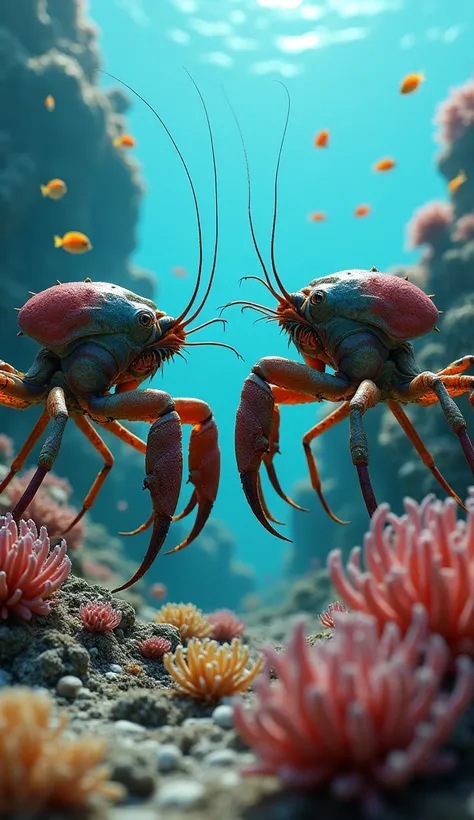 two Mantis Shrimp in sea near corrals attacking closeup , High Resolution, Best Quality, Detail, HD, High Details, Super Detailed, 8K Octane,Retina, 