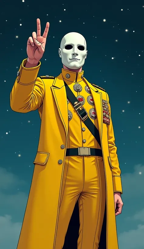 Create an illustration of the character, the uniform he wears is very similar to the uniforms used by the Neo-Nazi elite guards during the Euro-Arkhology war 20 years ago, stylish yellow with a long coat decorated with medals and badges, standing confident...