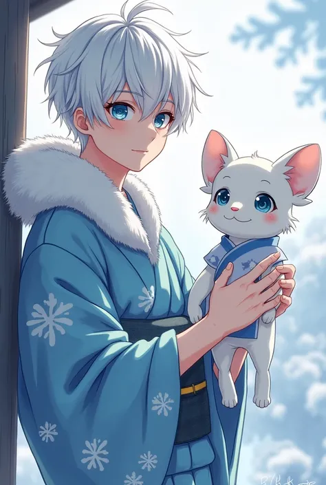 cmodel,  digital illustration, (masterpiece:1.2),  High Quality ,  detail eyes, White Hair, slightly longer short hair holding a puppet, kimono, sideways，パペットを持っている，up， blue eyes，Cool boy ，I have a snowflake ，anime，