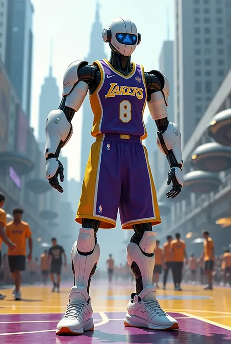 White robot wearing Lakers team clothes 