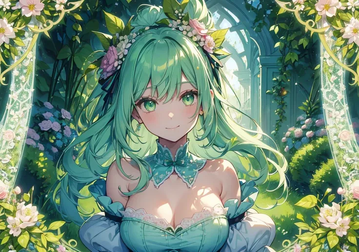 A close-up illustration of a beautiful girl inspired by "Alice in Wonderland." She has pastel green hair adorned with tiny floral ornaments and lace-like patterns. Her radiant smile and gleaming emerald eyes add warmth to the scene. The background shows a ...