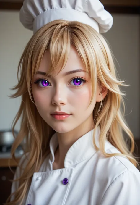 (date:20241126, By:JouliosJack) highres, masterpiece, nakiri erina, shokugeki no souma, blond, solo, 1girl, cute, detailed eyes, long hair, purple eyes, chef outfit, white jacket, white pants