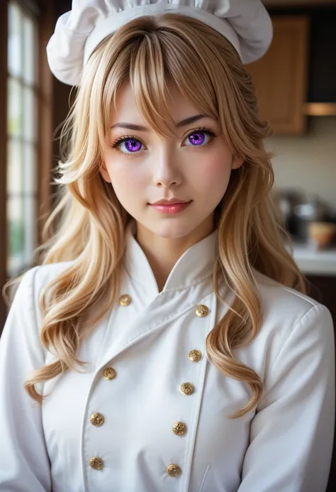 (date:20241126, By:JouliosJack) highres, masterpiece, nakiri erina, shokugeki no souma, blond, solo, 1girl, cute, detailed eyes, long hair, purple eyes, chef outfit, white jacket, white pants