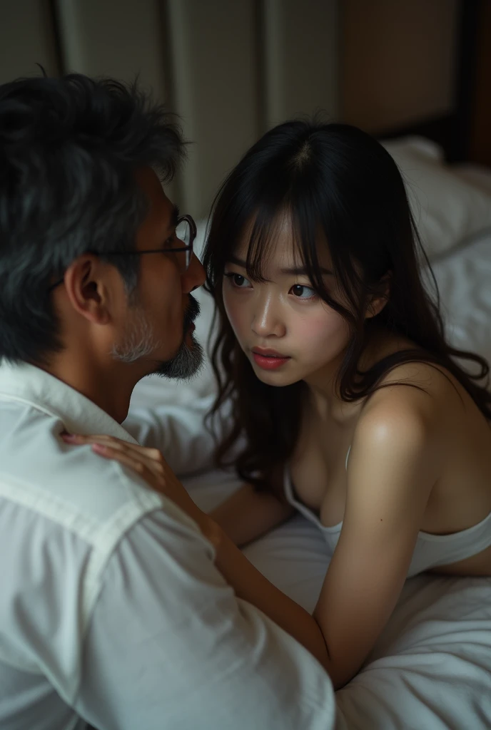 1 man 2 women、 men are middle-aged Japanese men in their late 50s 、 Women are petite, cute, and breasted teenage Japanese girls、 man is pushed over by 2 women 、 men wear white shirts 、 women wear clothes that show a little bit of cleavage、 bed in a dim hot...